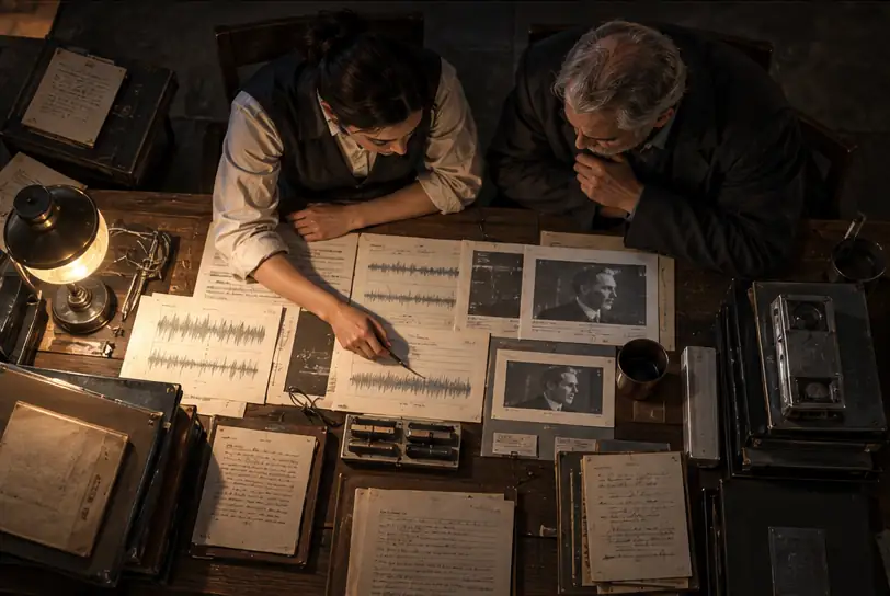 An overhead concept of archive workers comparing retained material.