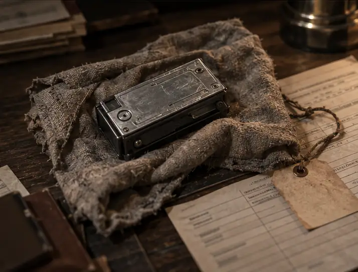 A grey recording cartridge rests in an unfolded cloth beside receiving papers.
