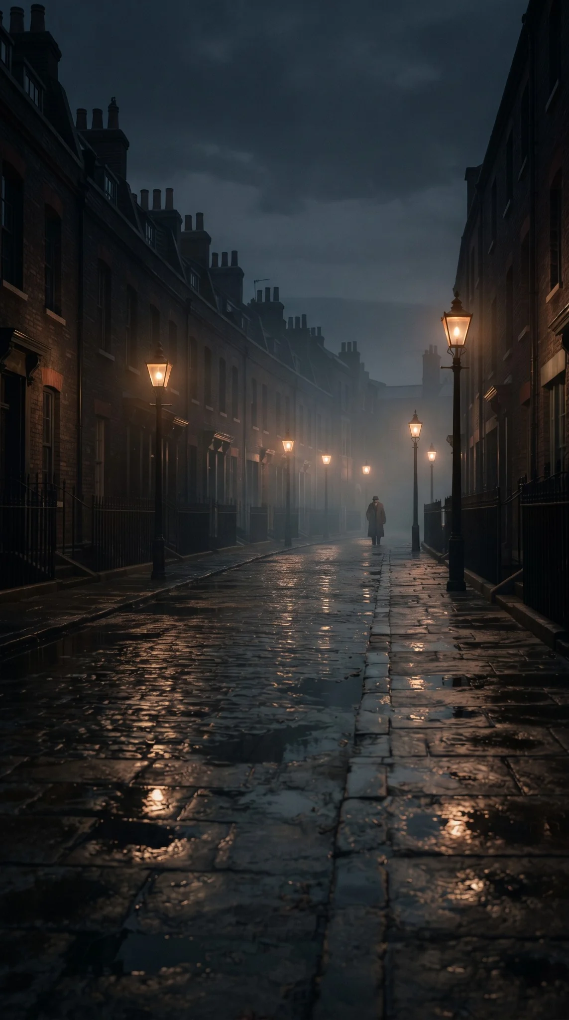 Wet gaslit London street at night in 1899