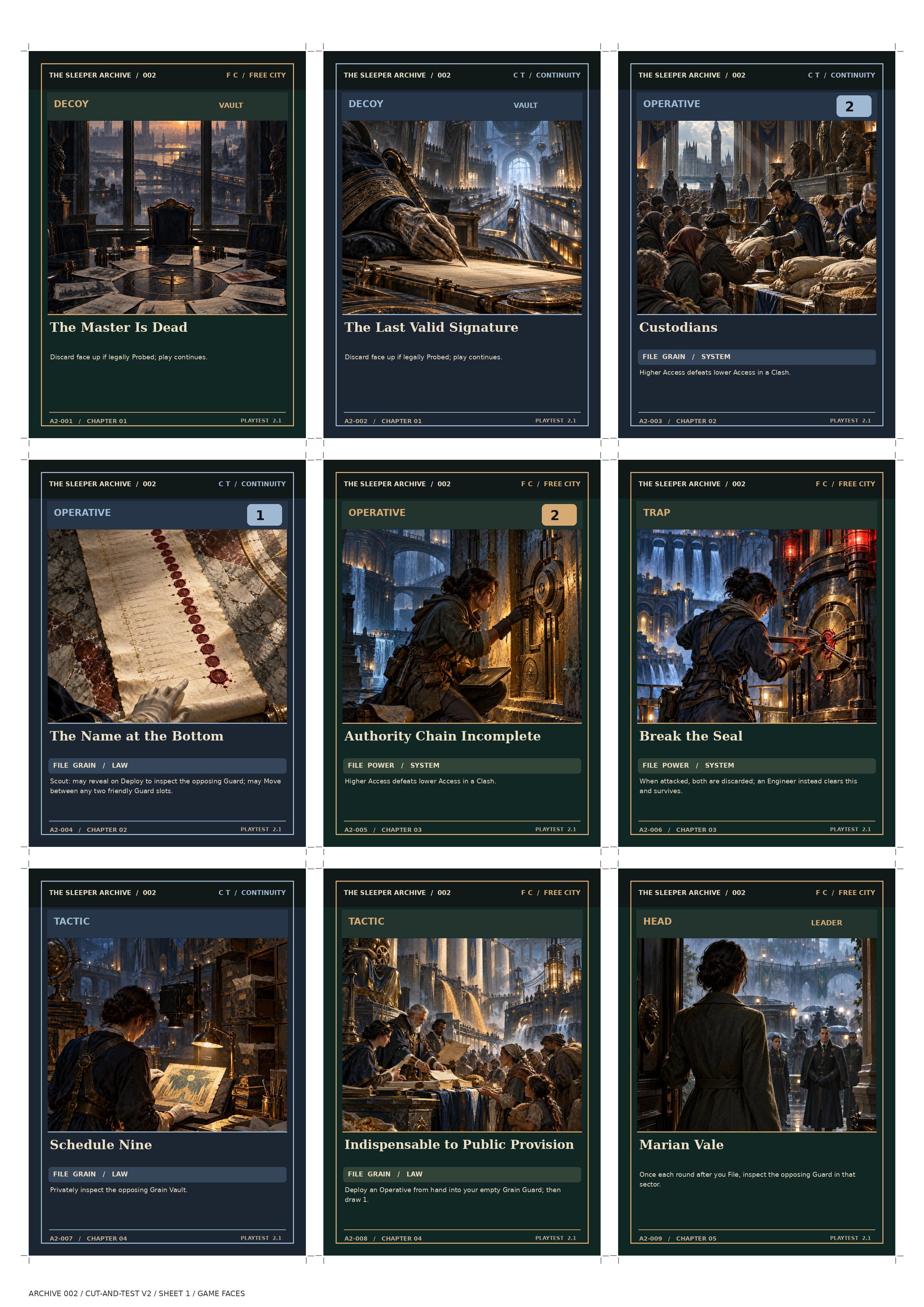 Preview of one sheet of the 50-card print-and-play pack, with nine card faces